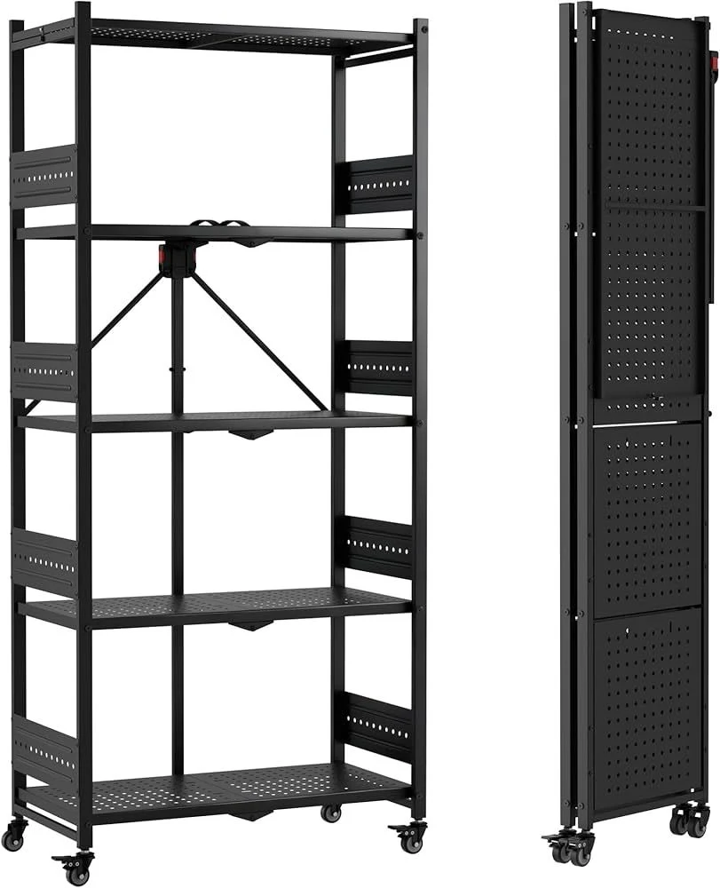 Black 5-Tier Foldable Kitchen Rack with Wheels